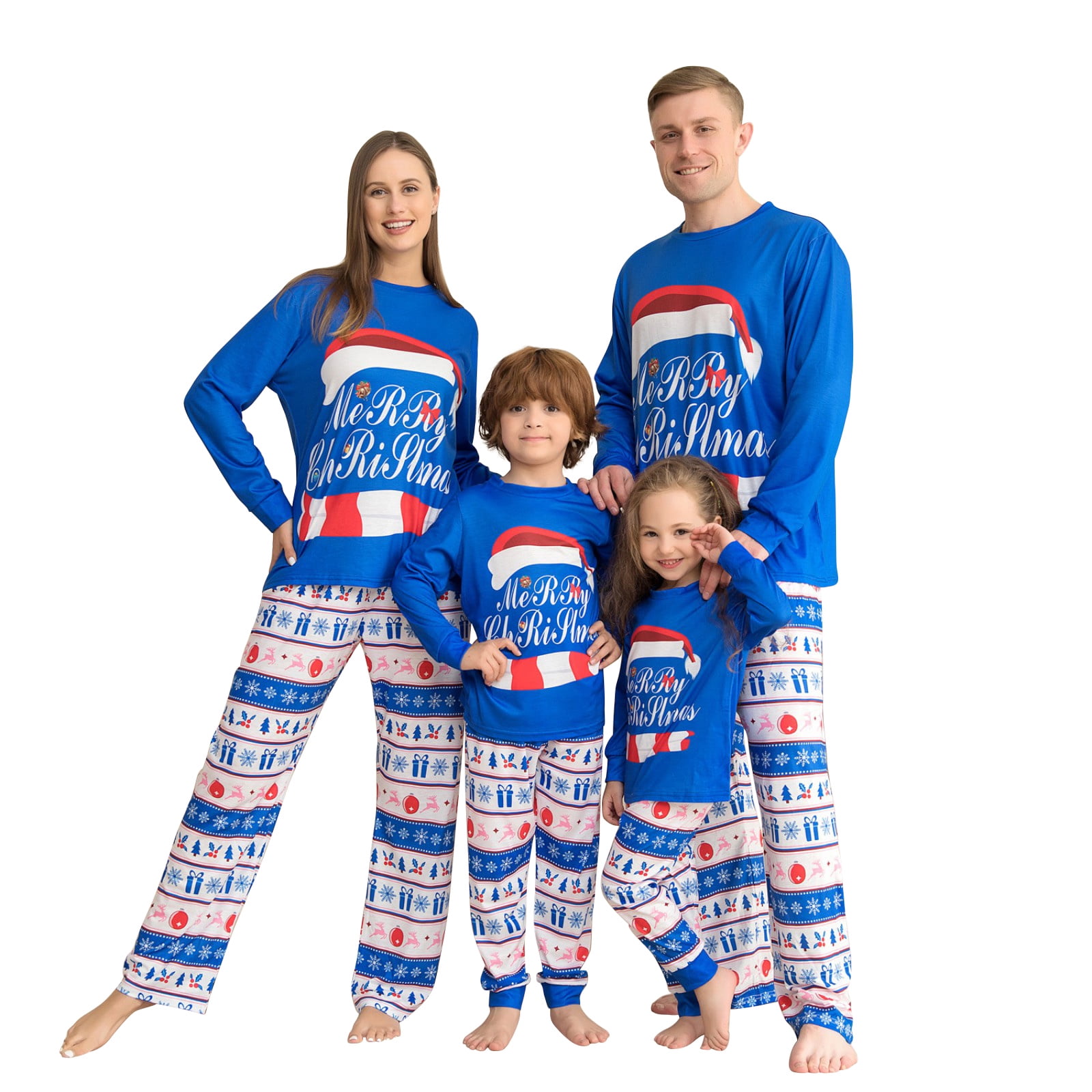 Christmas Matching Family Pajamas Sets Blue Merry Christmas Printed