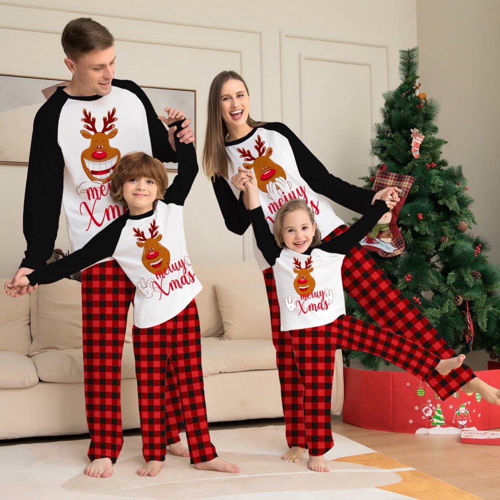 Christmas Matching Family Pajamas Sets Merry Xmas Elk Printed Tops and Red Plaid Pants Sleepwear 2Pcs Sets
