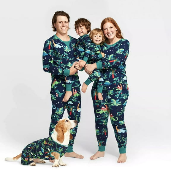 Christmas Matching Family Pajamas Sets Santa Dinosaur Print Green Tops and Pants Sleepwear 2Pcs Sets