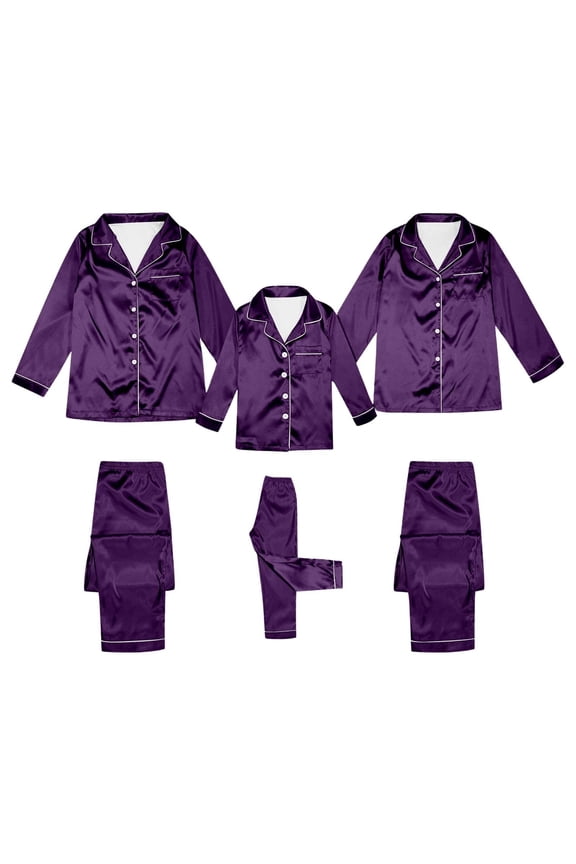 Christmas Matching Family Pajamas Silk Satin Plus Size Casual Pjs Festival Party Sleepwear Two Piece Sets (Mom, Purple, Size XL)