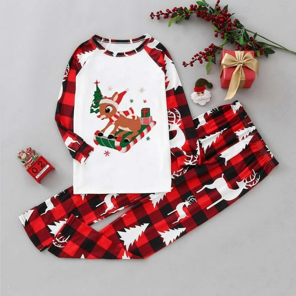 Christmas Matching Family Sets Elk Prints Long Sleeve & Plaid Pants Pajamas