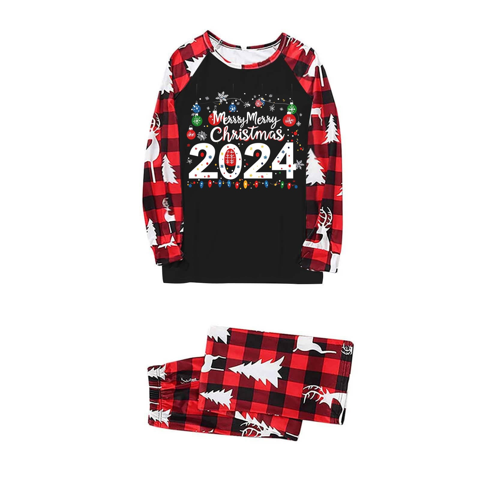 Christmas Matching Pajamas Letter Christmas Tree Hat Contrast Top and