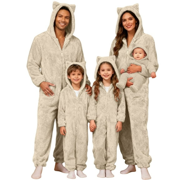 Christmas Matching Pajamas for Family Jumpsuit Thermal Cat Hooded Jumpsuit Christmas Homewear Pajamas