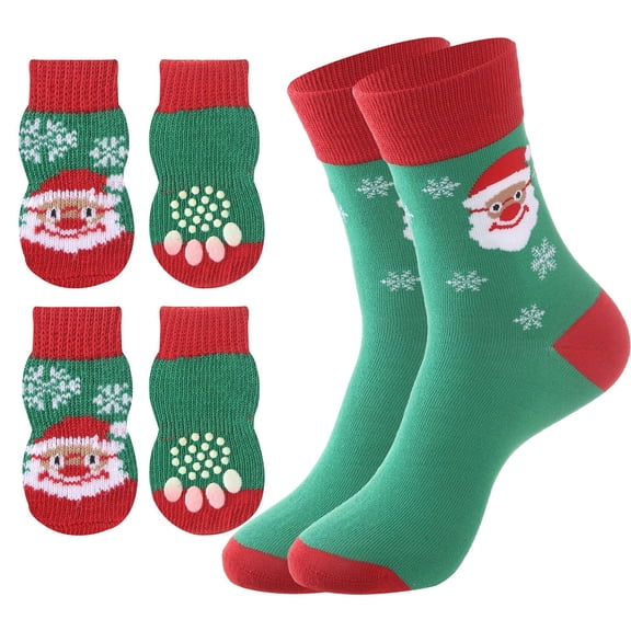 Christmas Matching Parent-Child Anti-Slip Dog Socks - Paw Protector with Grippers for Hot/Cold Pavement & Hardwood Floors, Warm Booties Prevent Licking Paws, Traction Control No Twist Design S