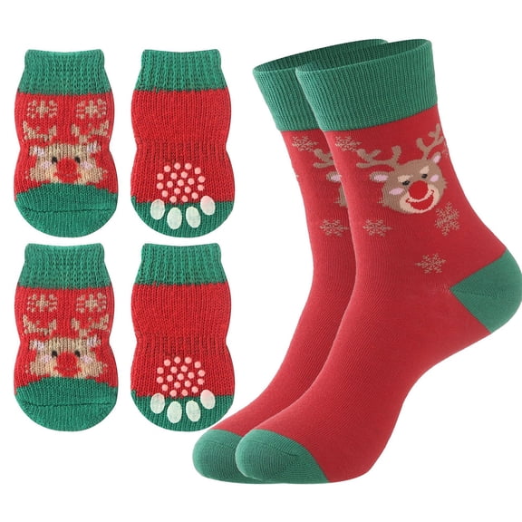 Christmas Matching Parent-Child Anti-Slip Dog Socks - Paw Protector with Grippers for Hot/Cold Pavement & Hardwood Floors, Warm Booties Prevent Licking Paws, Traction Control No Twist Design M
