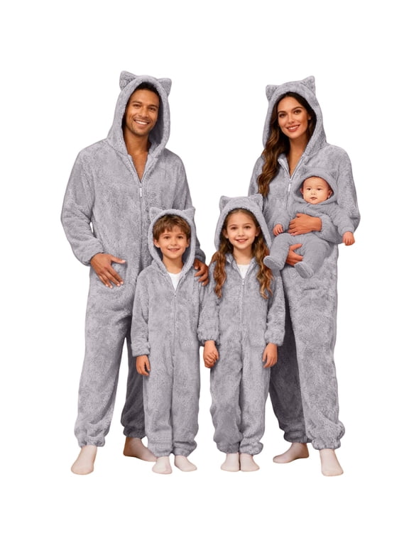 Christmas Matching Plush Hooded One Piece Jumpsuit, Soft Fleece Full Body Outfit with Hood, Warm Cozy Long Sleeve Romper, Holiday Casual One Piece Clothing
