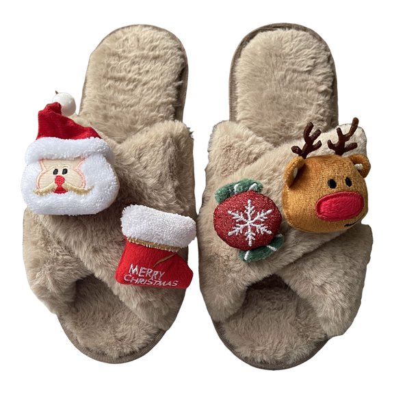 Christmas Matching Slippers for Women Open Toe Crossband Plush Memory Foam Slip on Shoes with Funny Xmas Decor Khaki 7