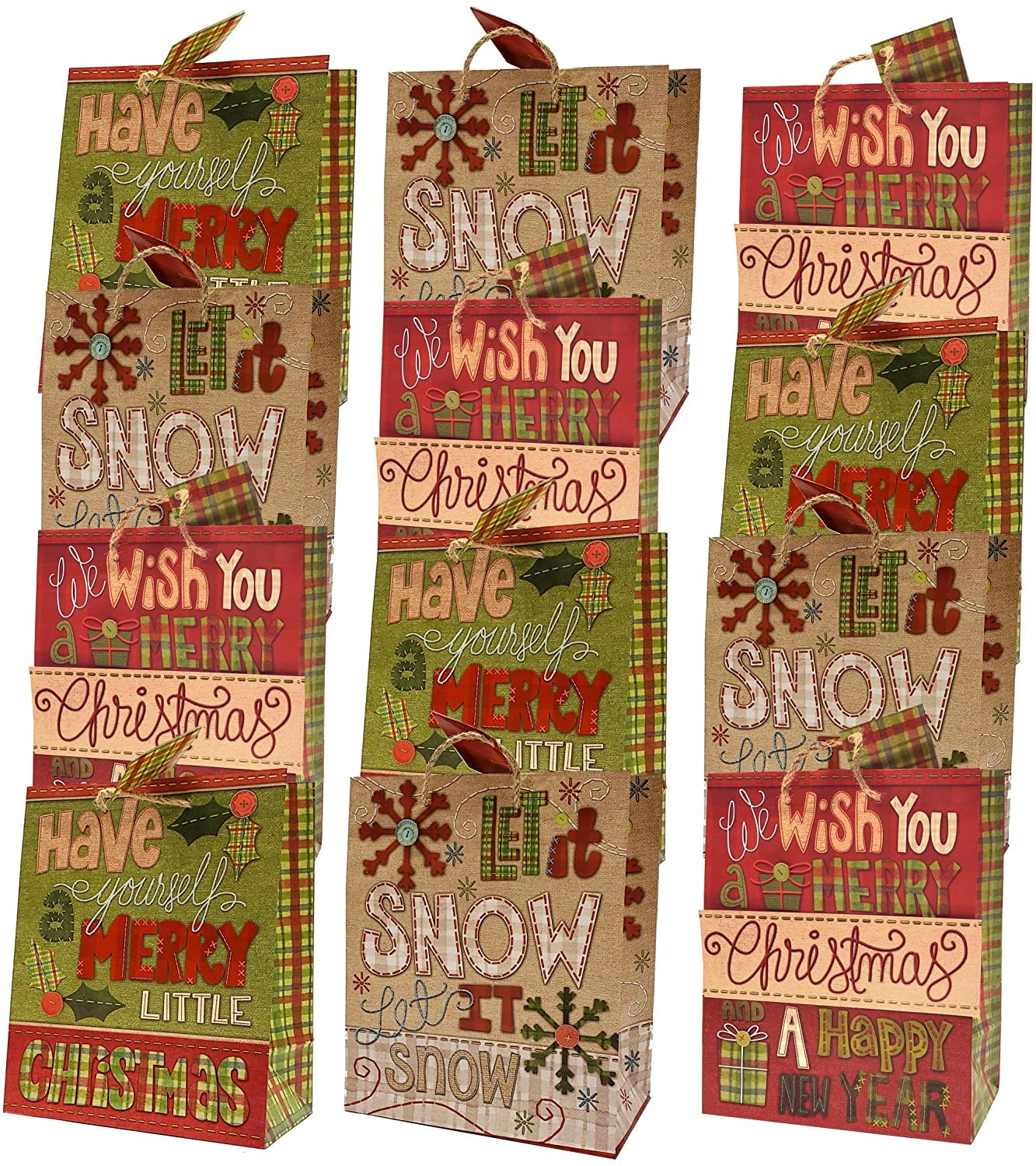 Christmas Medium Gift Bags, 12 Pack, Quilted & Stitched Series