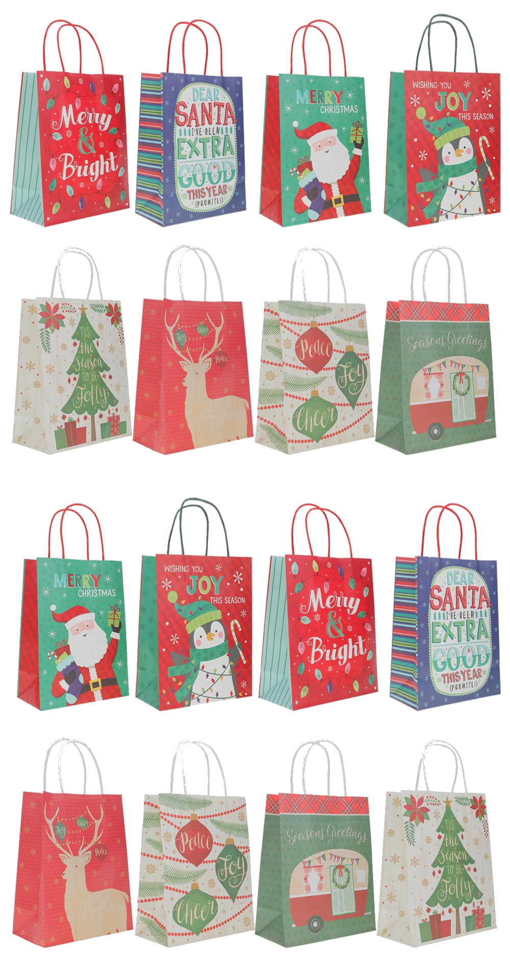 Christmas Medium Printed White Kraft Gift Bags, 16 Pack