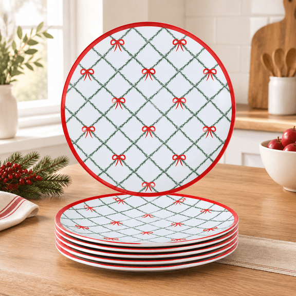 Christmas Melamine Dinner Plates 10Inch Set, Holiday Dining 6pcs