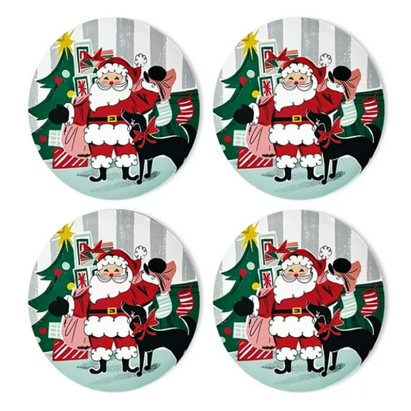 Christmas Melamine Dinner Plates, Set of 4, Santa Scene  St Nicholas Square