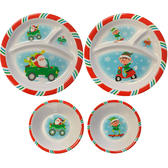 Christmas Melamine for Kids 3 Section Divided Dish Plates Bowls Christmas Plates, Dinnerware Set, Picky Eater Plates Santa Elf Truck Scooter (4 Pc Set)