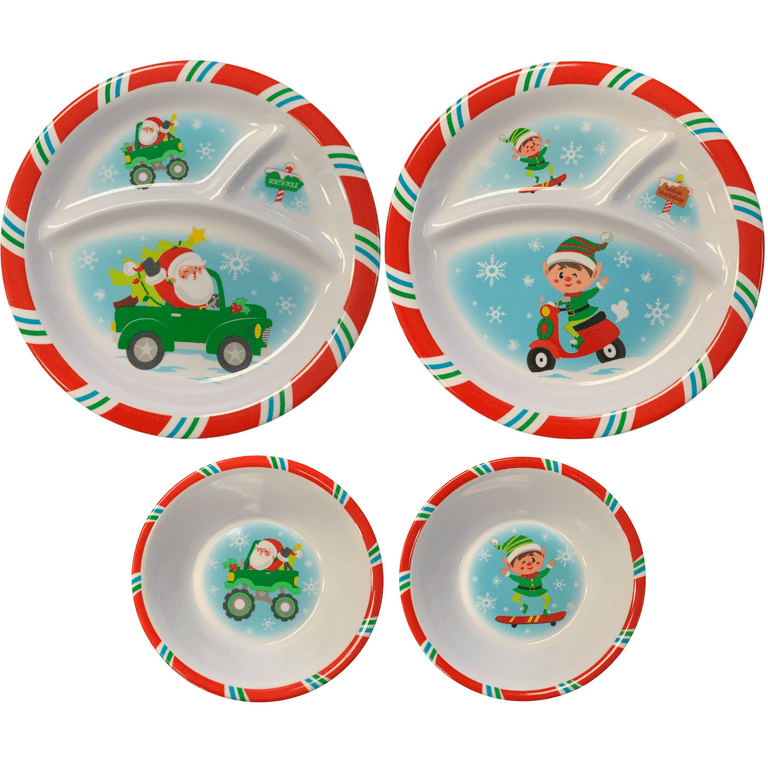   Children's Christmas 皿 Holiday Dinnerware: Kids' 3-Section Christmas Melamine Dish Set