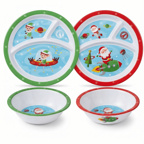 Christmas Melamine for Kids 3 Section Divided Dish Plates Bowls Christmas Plates, Dinnerware Set, Picky Eater Plates Santa Elf Truck Scooter (4 Pc Set)