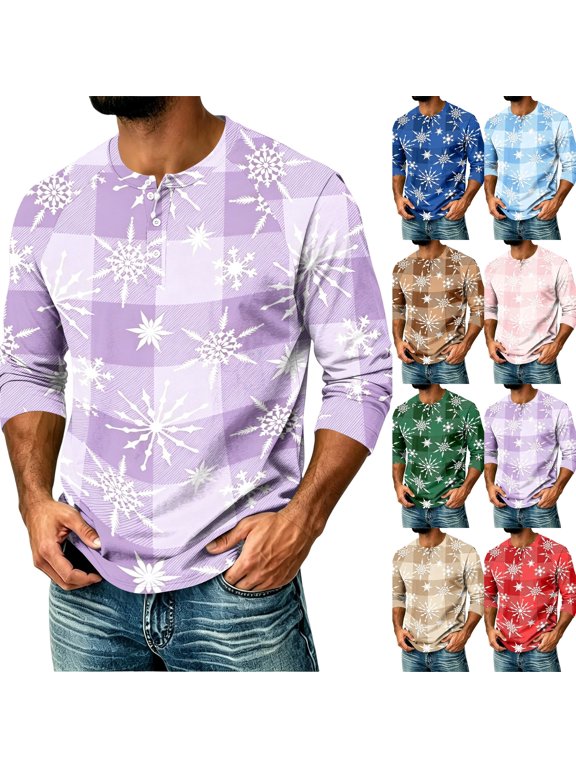 Christmas Men Crew Neck Tee Snowflake Print 3/4 Sleeve Buffalo Plaid Outfit Loose Fit Skin‑friendly Retro Tops for Party Festive B S
