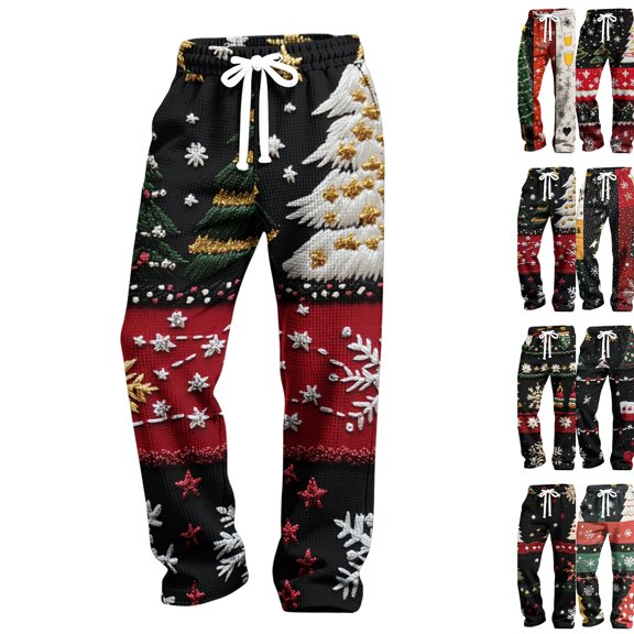 Christmas Men Pants Waffle Knit Christmas Graphic Print Joggers Patchwork Soft Lounge Pants for Gift for Men