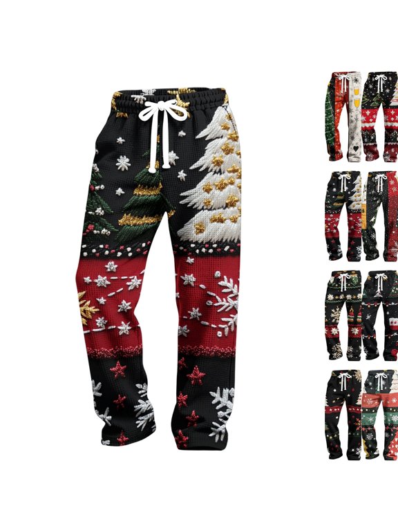 Christmas Men Pants Waffle Knit Christmas Graphic Print Joggers Patchwork Soft Lounge Pants for Gift for Men
