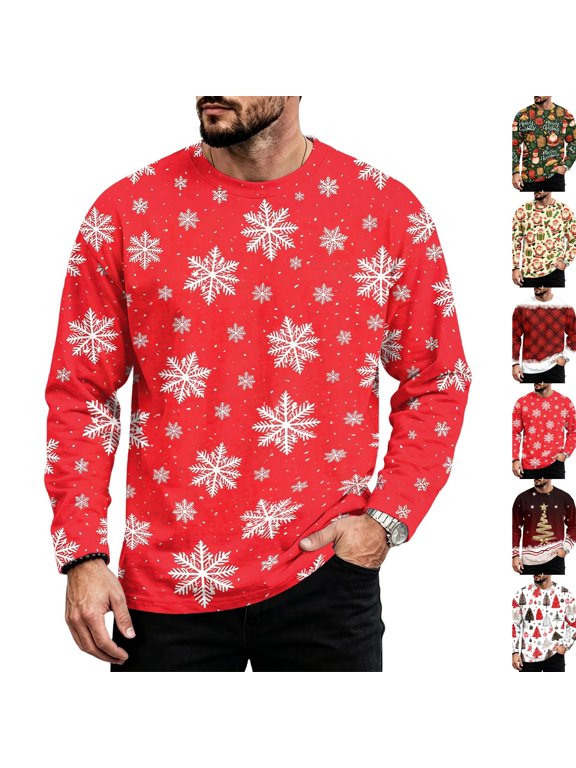 Christmas Men Round Neck Long Sleeve Pullover T‑Shirt, Cute Festive Xmas Holiday Casual Top, Soft Breathable Winter Party Outfit, Versatile Daily Wear Shirts For Holiday Vermilion M