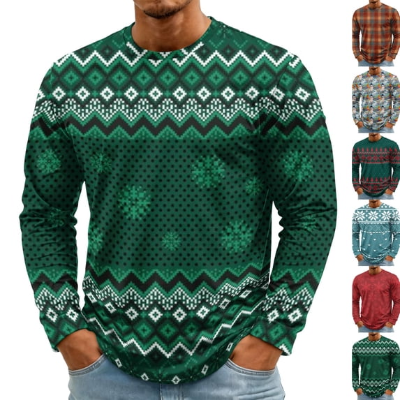 Christmas Men Round Neck Long Sleeve Pullover Top, Novelty Printed Xmas Festive Casual Wear, Comfortable Winter Party Shirts, Stylish Daily Outfit For Holiday White L