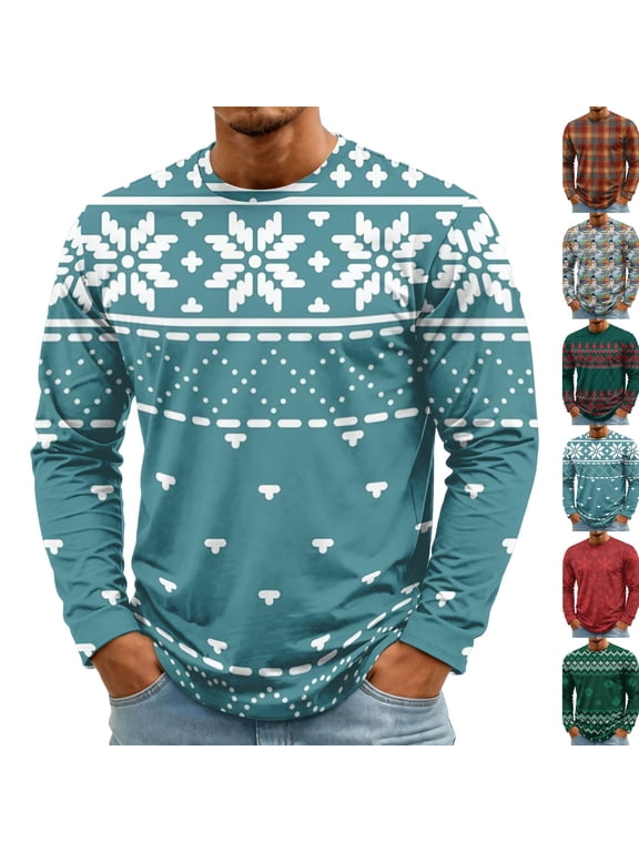 Christmas Men Round Neck Long Sleeve Pullover Top, Novelty Printed Xmas Festive Casual Wear, Comfortable Winter Party Shirts, Stylish Daily Outfit For Holiday Multicolor 2XL