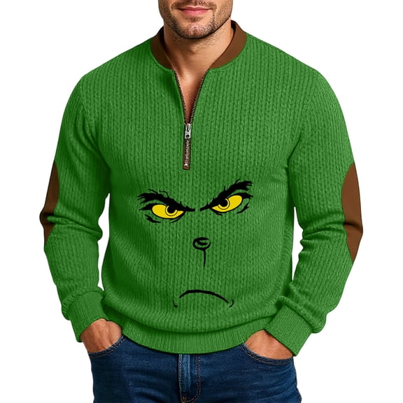 Christmas Men Sweaters Reindeer Quarter Zip Long Sleeve Pullover #K-Green S