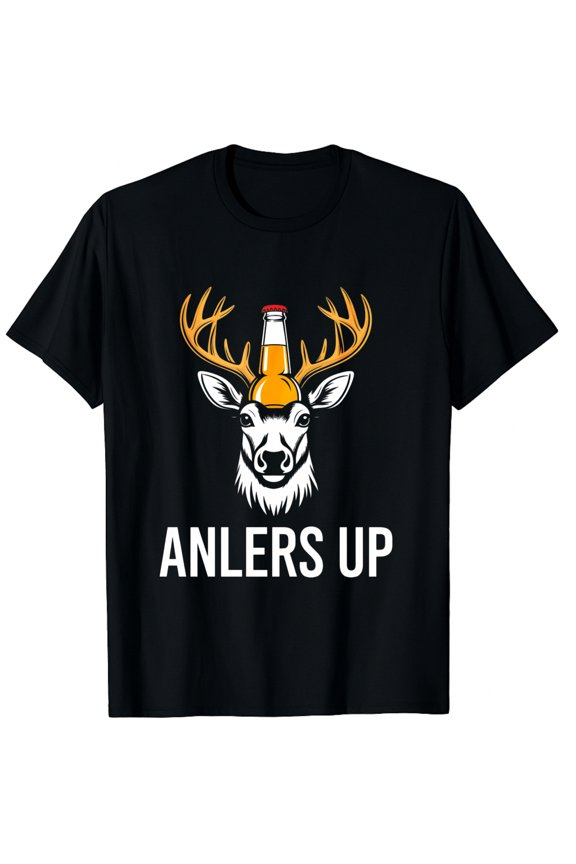 Christmas Men's Black Deer Head With Beer Bottle And Antlers Up Text Design Casual Wear Funny Graphic T-Shirt for Men Women