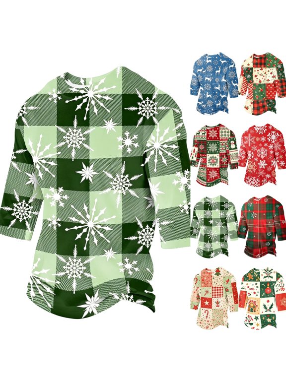 Christmas Men's Buffalo Plaid Tee Snow Printed Crew Neck Raglan Sleeve Outfit Standard Fit Breathable Daily Tops for Xmas Gathering Vacation Green M
