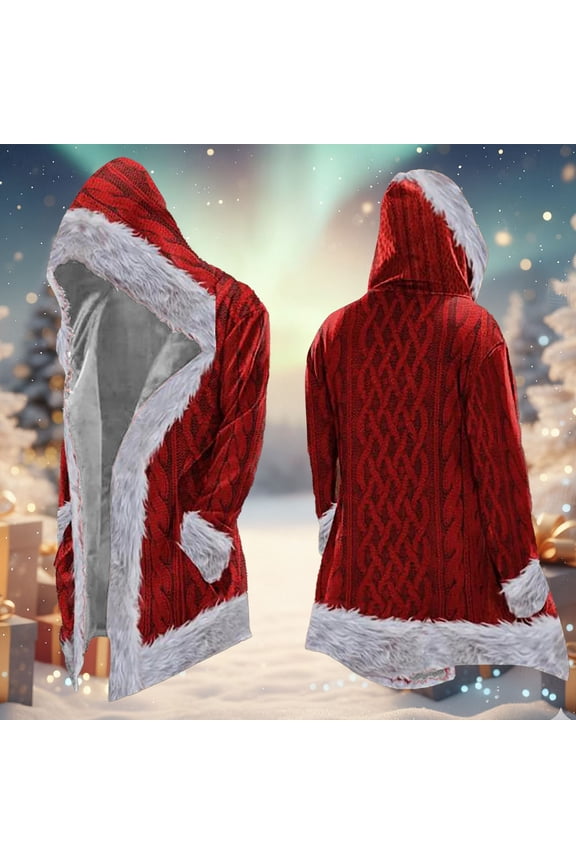 Christmas Men's Long Cardigan Hoodies Santa Claus Xmas Trim Warm Hooded Jacket Coat with Pocket