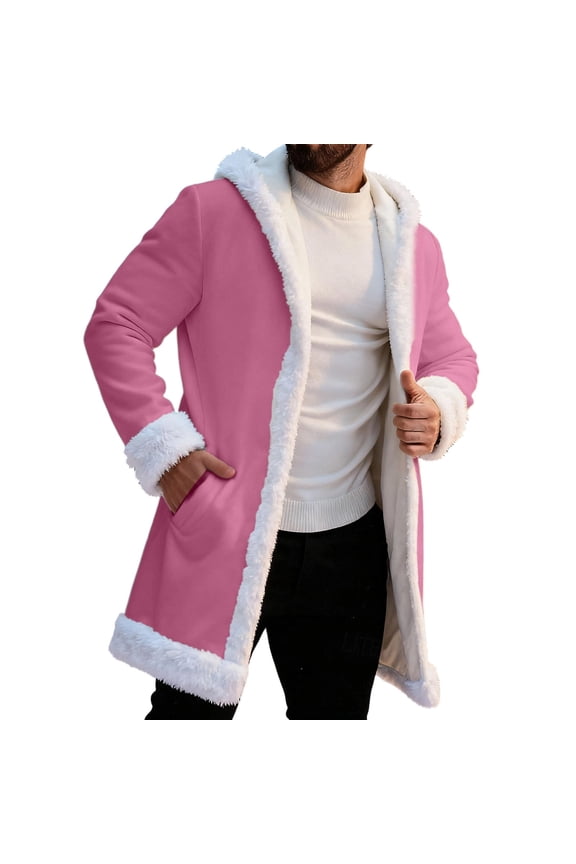 Christmas Men's Long Cardigan Hoodies Women Unisex Santa Claus Trim Warm Hooded Coat with Pocket Cozy Winter Outerwear