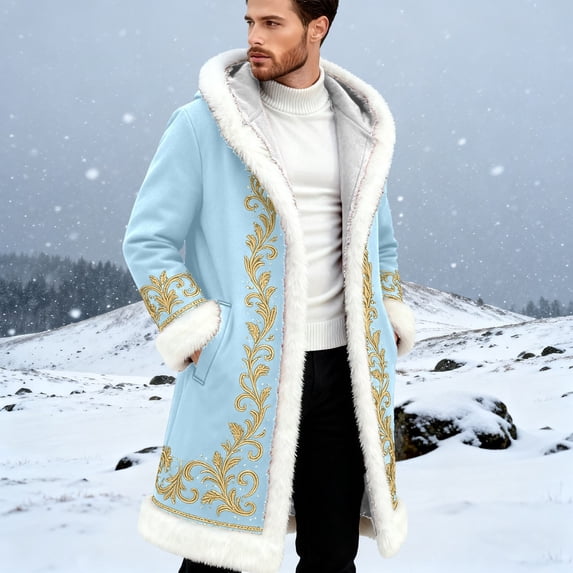 Christmas Men's Santa Trench Coat Trendy Plush Coats Long Peacoats Xmas Long Hooded Cardigans Light Blue S