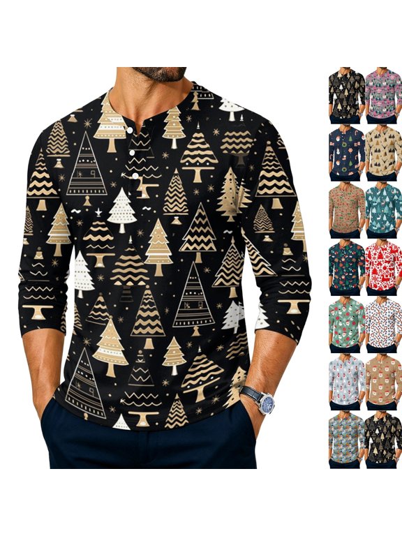Christmas Men's Vintage Henley Neckline Tee Snowflake Reindeer Graphic Tees Relaxed Fit Wrinkle Resistant T-Shirts for Gathering Holiday Black 2XL