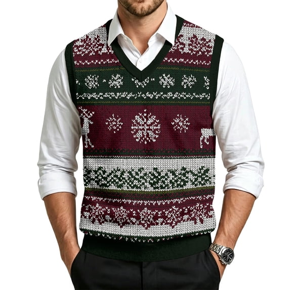 Christmas Men's Wool Blend Sweater Vest Casual V Neck Sleeveless Fair Isle Knit Pullover Tops Autumn Winter Warm Sweater Tank Tops