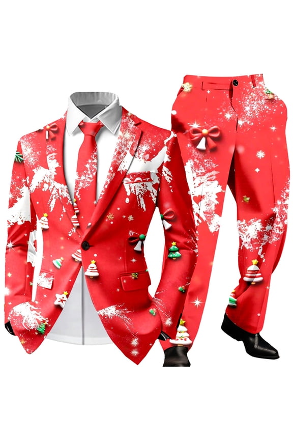 Christmas Mens Suit 2 Piece Funny One Button Formal Xmas Jacket Blazer And Pant Outfit Slim Fit Winter Festive Party Christmas Suit