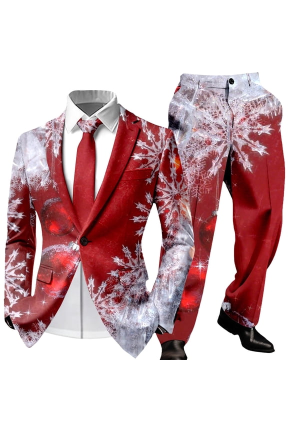 Christmas Mens Suit 2 Piece One Button Xmas Color Block Jacket Blazer And Pant Set Slim Fit Winter Party Funny Mens Suits