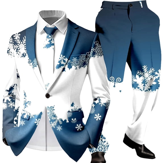 Christmas Mens Suit 2 Piece One Button Xmas Jacket Blazer with Pockets And Pant Set Funny Snowflake Slim Fit Winter Party Men's Suits