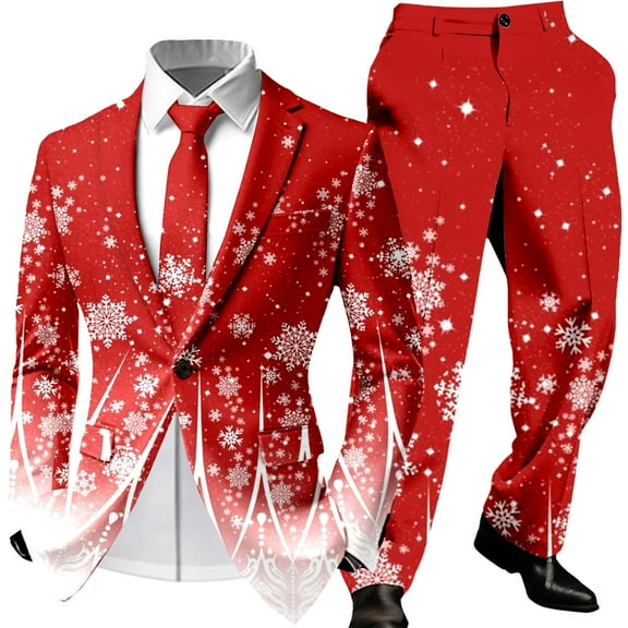 Christmas Mens Suit 2 Piece One Button Xmas Jacket Blazer with Pockets And Pant Set Funny Snowflake Slim Fit Winter Party Mens Suits