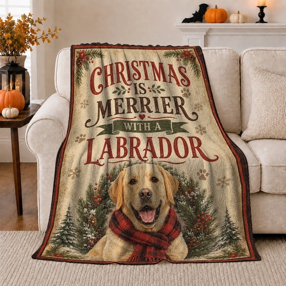 Christmas Is Merrier Labrador Dog Festive Holiday Design, Playful Pet Portrait Pattern, Warm Flannel Blanket for Living Room and Reading Nook, Dog Moms Christmas Gift, Pet Lover Home Decor