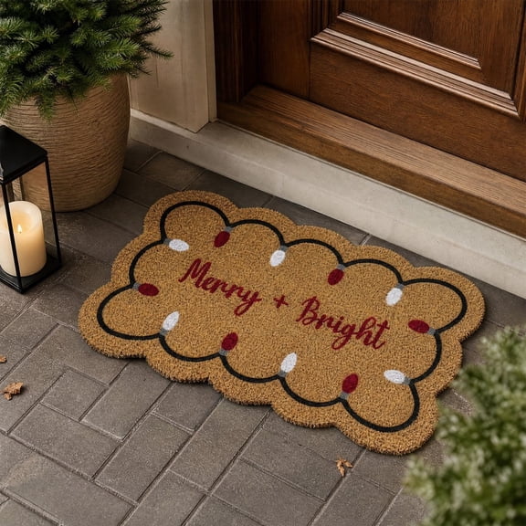 Christmas Merry & Bright Doormat, Holiday String Lights Decorative Washable Entry Rug, Indoor Outdoor Front Door Mat for Mudroom, 18x30in