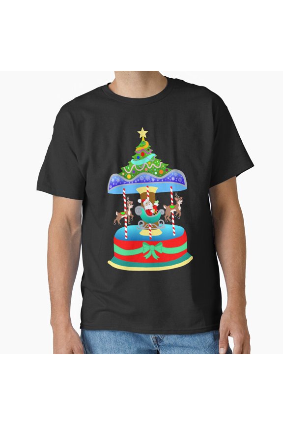 Christmas Merry Go Round Reindeer Carousel Graphic Art Unisex T-Shirt , up to Size 5XL