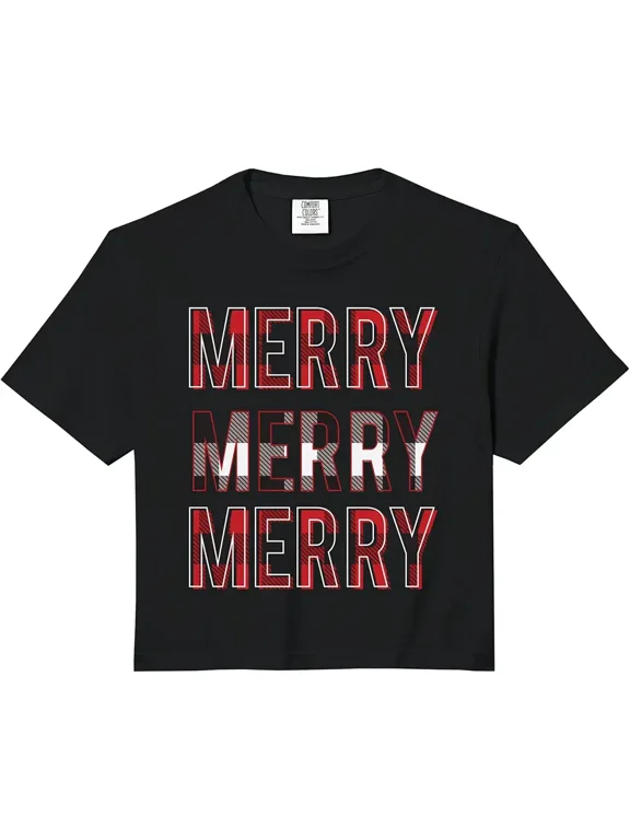 Christmas Merry Merry Merry Stacked Plaid Holiday Logo Comfort Colors Crop Top