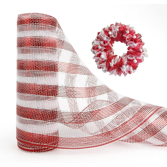Christmas Mesh Ribbon Christmas Tree Mesh Ribbon Metallic Mesh Ribbon for Wreaths Wide Wired Deco Mesh Ribbon Roll for DIY Wrapping Craft 10 in x 30 Ft(10 Yard) Christmas Tree Decoration