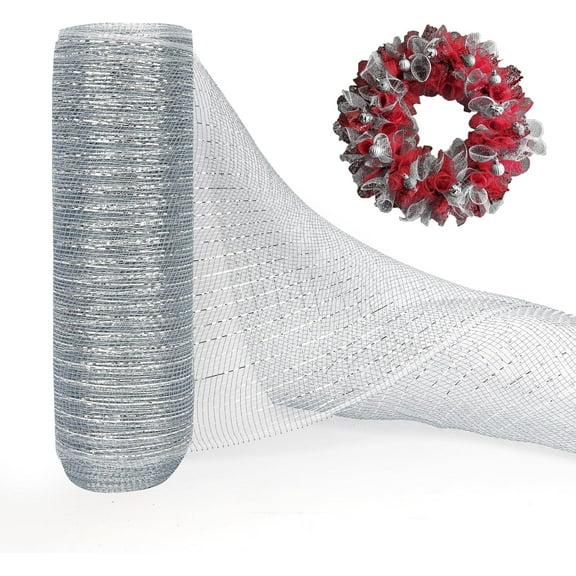 Christmas Mesh Ribbon Christmas Tree Mesh Ribbon Metallic Mesh Ribbon for Wreaths Wide Wired Deco Mesh Ribbon Roll for DIY Wrapping Craft 10 in x 30 Ft(10 Yard) Christmas Tree Decoration