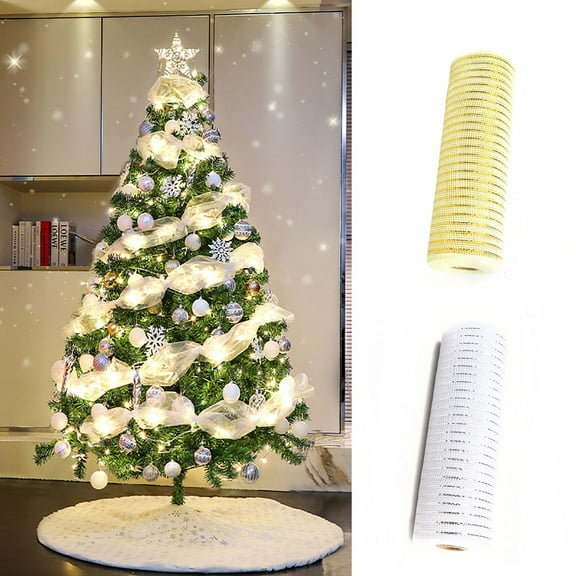 Christmas Mesh Ribbon Roll | 6 Inch Wide x 30 Feet Long | White & Gold Metallic Foil | DIY Holiday Crafts, Tree Decorations, Gift Wrapping & Party Decor