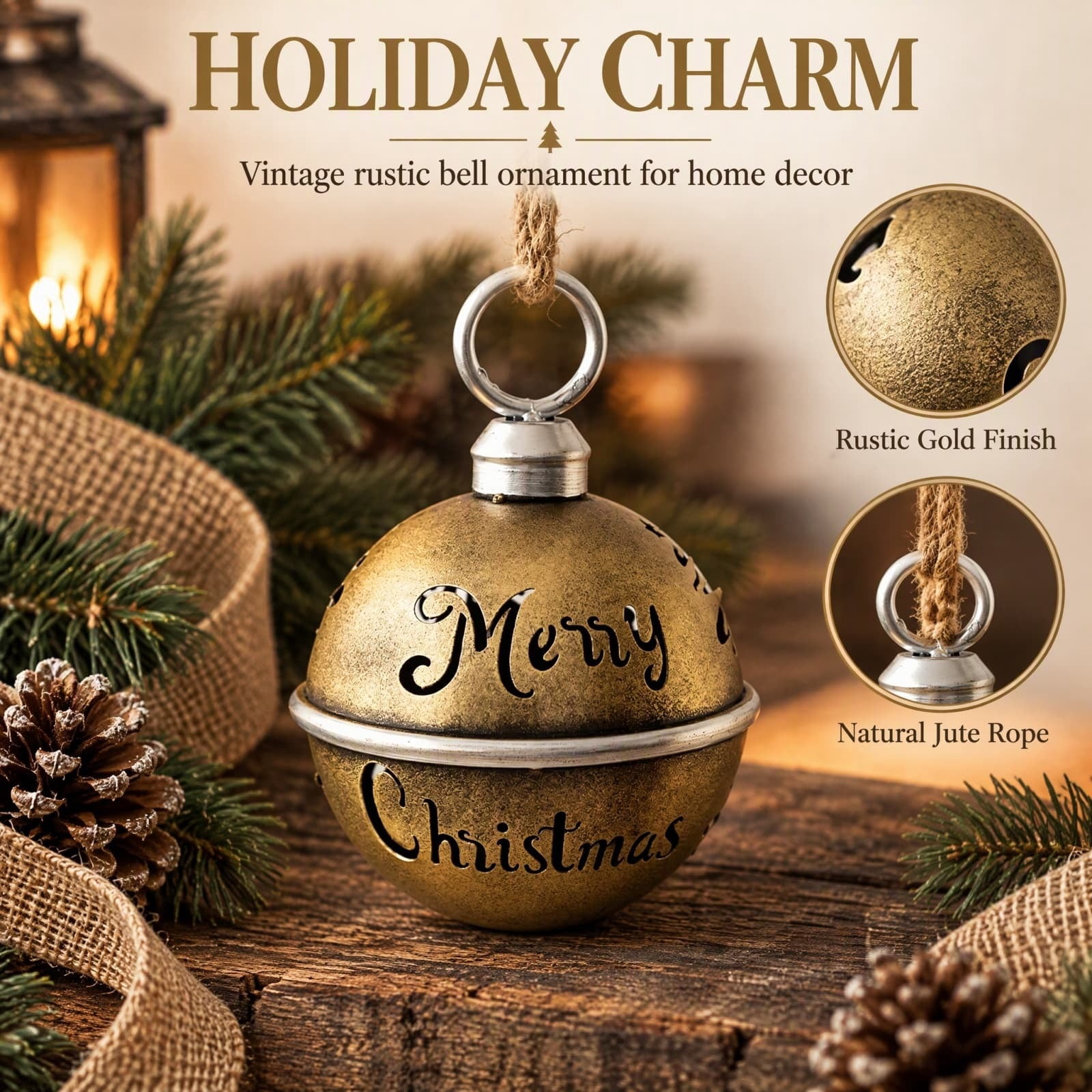 Christmas Metal Bell Ornament with Jute Rope, Vintage Cutout Design for ...