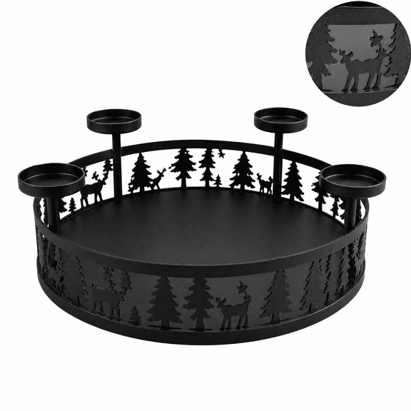 Christmas Metal Candle Holder Tray, Round Table Centerpiece with Deer & Pine Tree Silhouette, 4-Cup Holiday Tabletop Decor for Christmas