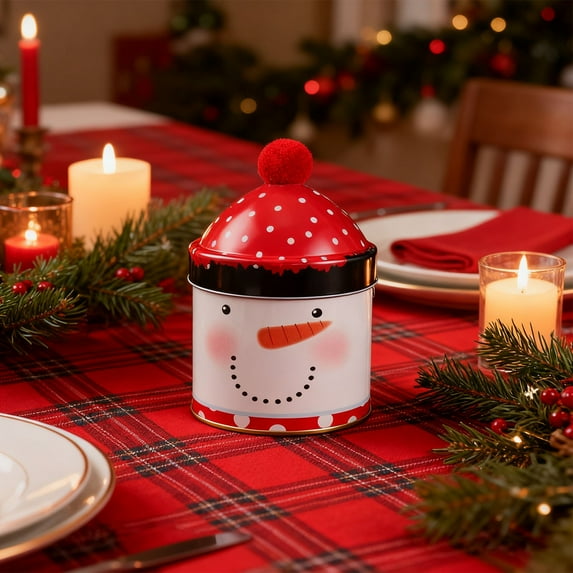 Christmas Cookie Tins Metal Decorative Penguin Snowman with Cute Red Top Pom Lid Candy Storage Boxes