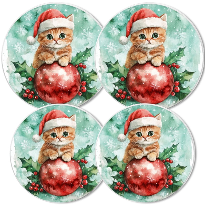 Christmas Metal Electric Stove Burner Cover, Christmas Cute kitten with Xmas Ball Ornament Round Durable Gas Stove Burner Covers Set of 4 for Kitchen Decor, 8 Inches and 10 Inches