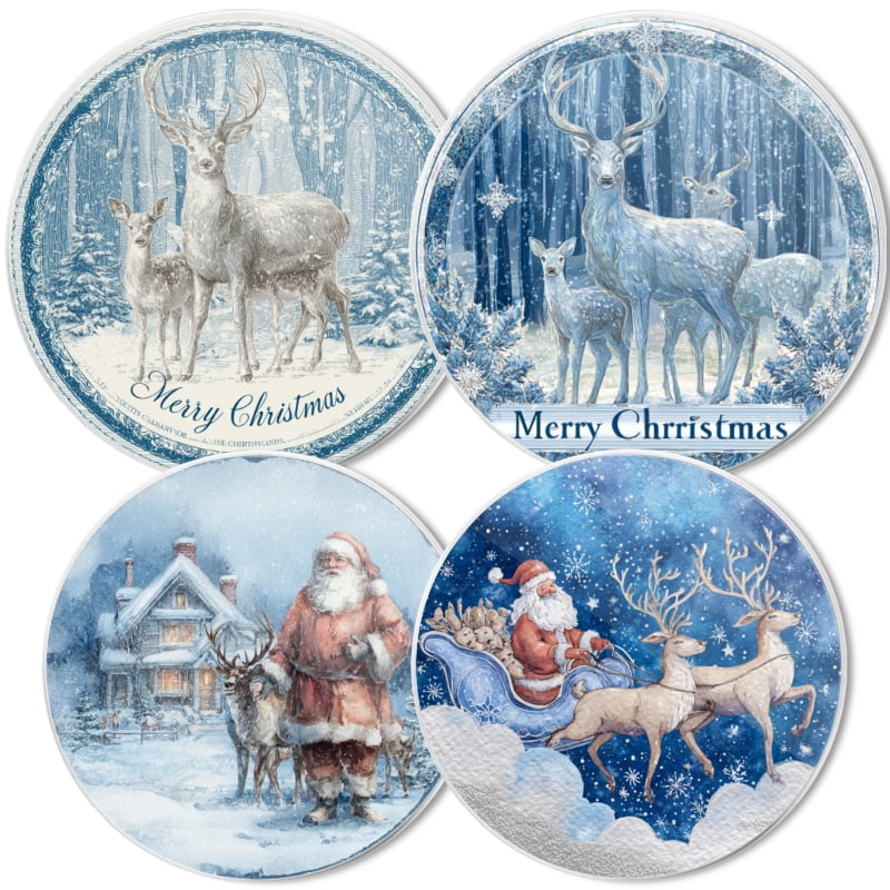 Christmas Metal Electric Stove Burner Cover, Santa Claus and Snow-White Reindeer Round Durable Gas Stove Burner Covers Set of 4 for Kitchen Decor Xmas Decorations, 8 Inches and 10 Inches