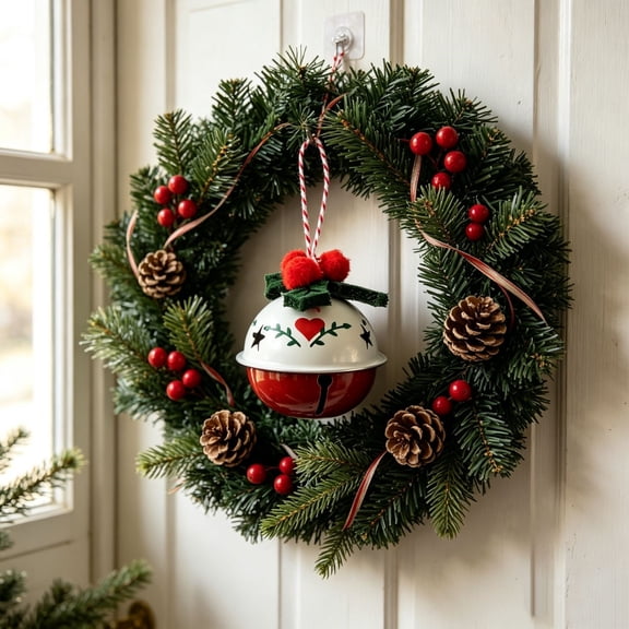 Christmas Metal Heart Star Ornament, 1.57 Inch Retro Hanging Bell Pendant with Fuzzy Holly Accents and Twine Rope, Xmas Tree Wreath Decor