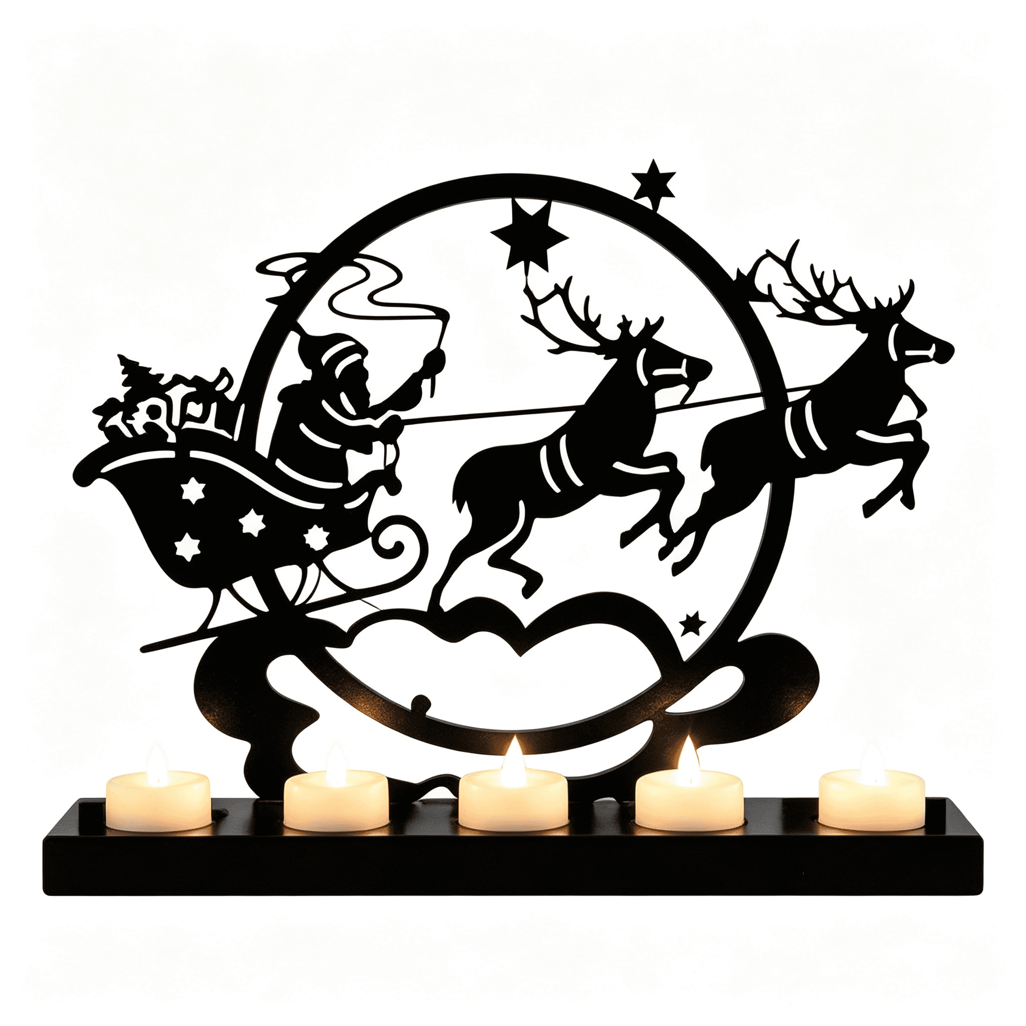 Christmas Metal Sign with Santa and Reindeer Design, Rustic Farmhouse Tabletop and Fireplace Decor